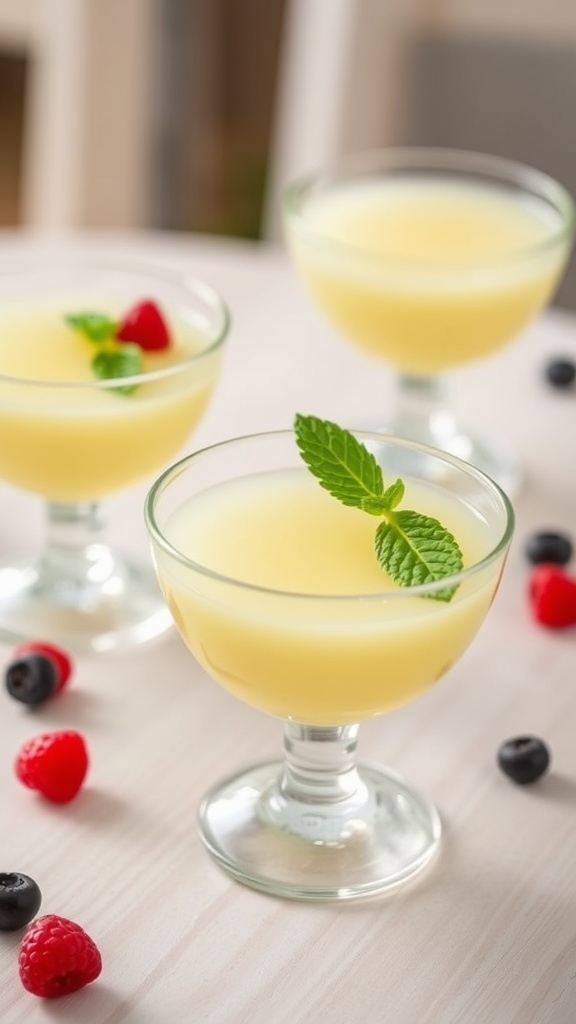 Delicate Egg Jelly Dessert Recipe Delicate egg jelly dessert in elegant glass cups, topped with fresh berries and mint leaves.